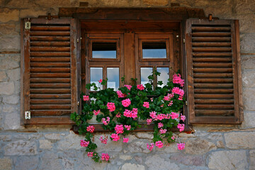 Fototapeta na wymiar Beautiful windows frame with flower boxes. Geranium in a window box. Rural window frame
