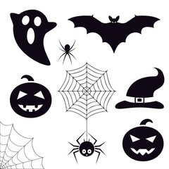 Halloween symbols collection. Trick or treat icons set. Bat, ghost, spiders, pumpkin, cobweb, witch hat. Decoration graphic elements. Vector illustration.