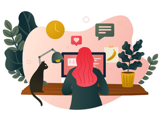 Working from home - A woman working at her desk at home with a cat and plants. Modern vector illustration concept of the home office.