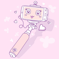 Vector retro color illustration of cartoon phone with cute face in selfi stick on pink background with heart.