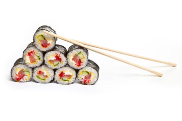 yellow maki sushi rolls isolated on white background