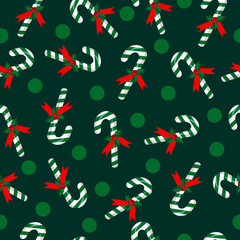 Fototapeta na wymiar Sweet cane with green stripes. Vector illustration on a green background. Merry christmas and happy new year seamless pattern.