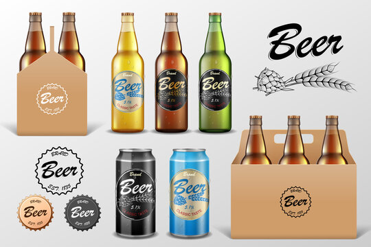 Realistic set of glass Beer bottle in packaging box on transparent background. Beer template and Tin Can Mockup for restaurant or Bar Branding. Vector illustration.