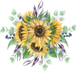 Watercolor flowers arrangement. Flowers bouquet with sunflowers, eucalyptus, leaves