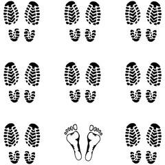 Background of the sole of men's shoes. Hand drawn  print shoes and bare feet. Doodle formation of soldiers.