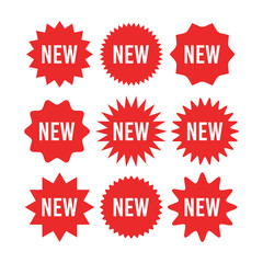 Red starburst sticker with new sign set - circle sun and star burst badges and labels with text about new product.