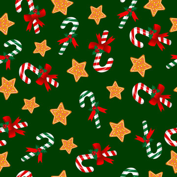 Merry christmas and happy new year pattern. Christmas sweet cane and cookies. Vector illustration on a green k background.