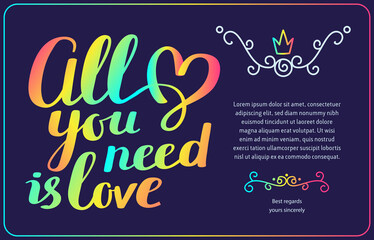 Rainbow gradient color vector template with handwritten lettering, heart, text on dark background.