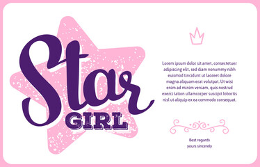 Vector beautiful card template with big pink color star and calligraphic inscription, text on white background with frame.