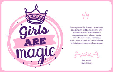 Vector girly card template with pink color calligraphic inscription, line art crown, ribbon, text on white background with frame.