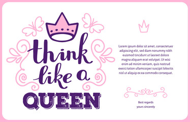 Vector beautiful card template with pink color calligraphic inscription, crown, butterfly, curls, text on white background.