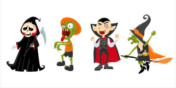 Hilarious characters of Halloween. The image of a witch, zombie, vampire, death with a scythe. Cartoon design. Isolated on white background. Vector stock illustration.