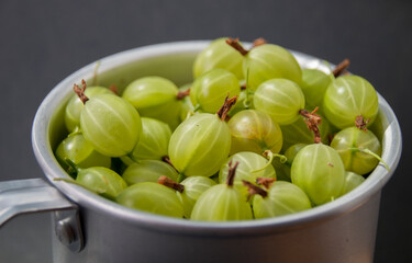 Gooseberries in an aluminum mug closeup