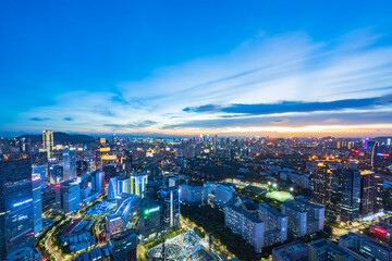 Fototapeta na wymiar The city skyline at sunset in Nanshan Science and Technology Park, Shenzhen, China