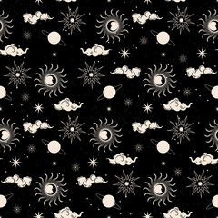 Seamless pattern. Zodiac circle, moon face, face of the sun, planet and galaxy.