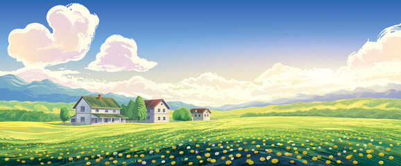 Summer rural landscape with houses and blooming glade in the foreground.
