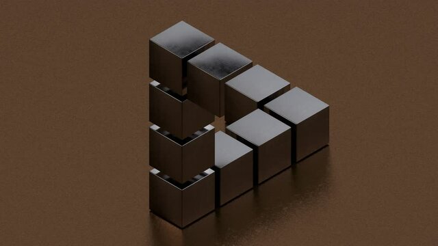 3D animation of the appearance of an impossible triangle of metal cubes on a bronze background. An optical illusion, a mathematical puzzle.
