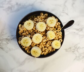 Looking down at bowl of cereal with banana slices. 