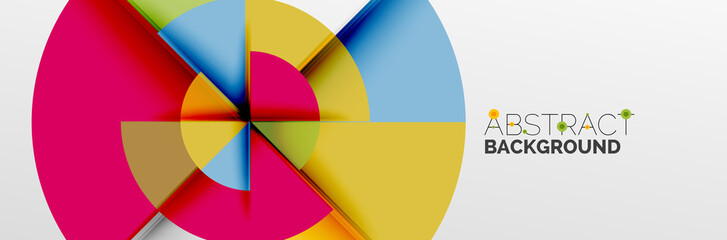 Bright color circles, abstract round shapes and triangles composition with shadow effects. Vector modern geometric design template