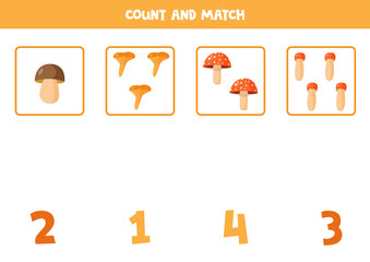 Counting game with cartoon forest mushrooms. Math worksheet