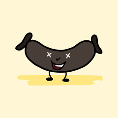 Happy black sausage character. Hand drawn doodle vector drawing. Isolated illustration.