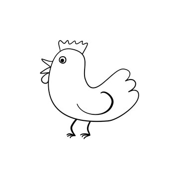 Simple childish outline drawing of chicken, hen bird animal. Coloring book element.