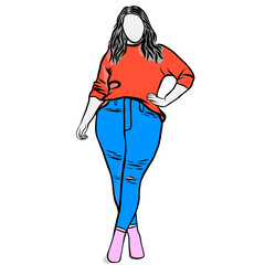 Body positive concept.Woman plus size.Confident obese women on over white background.Line drawing of cartoon character with illustration in flat design.