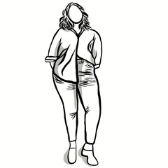 Body positive concept.Woman plus size.Confident obese women on over white background.Line drawing of cartoon character with illustration in flat design.