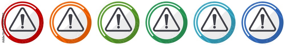 Poster warning, danger, caution icon set, flat design vector illustration in 6 colors options for webdesign