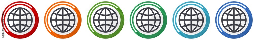 Poster world, globe icon set, flat design vector illustration in 6 colors options for webdesign and mobile 