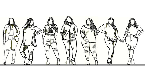 Body positive concept.Woman plus size.Confident obese women on over white background.Line drawing of cartoon character with illustration in flat design.