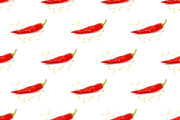 Red hot chili pepper on a white background with seeds. Pattern for a seamless texture