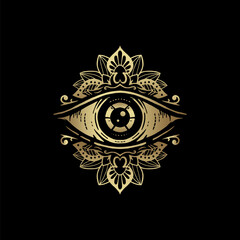 All seeing eye symbol with golden floral mandala ornament. Vision of Providence. Luxurious, alchemy, religion, spirituality, occultism, tattoo art, tarot reader. Isolated vector illustration .eps 10 - obrazy, fototapety, plakaty