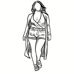 Body positive concept.Woman plus size.Confident obese women on over white background.Line drawing of cartoon character with illustration in flat design.