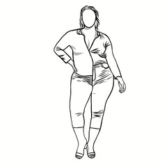 Body positive concept.Woman plus size.Confident obese women on over white background.Line drawing of cartoon character with illustration in flat design.