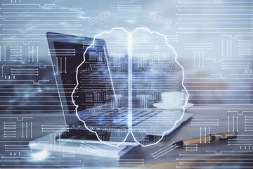 Multi exposure of work table with computer and brain hologram. Brainstorm concept.
