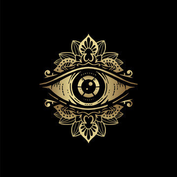 All seeing eye symbol with golden floral mandala ornament. Vision of Providence. Luxurious, alchemy, religion, spirituality, occultism, tattoo art, tarot reader. Isolated vector illustration .eps 10