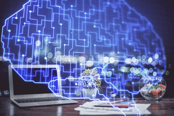 Multi exposure of work table with computer and brain hologram. Brainstorm concept.