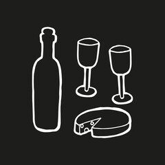 Cute hand drawn wine set with cheese, bottle and glasses on black background. Funny element in trendy doodle style for poster, social media banner, print, decoration cafe or bar. Vector illustration