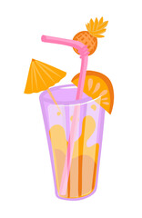 Juice glass cup icon with straw, umbrella and citrus slice. Refreshing drink in flat style hand drawn. Sticker, stripe, cocktail bar, beach, party logo, illustration for poster or flyer design. Vector