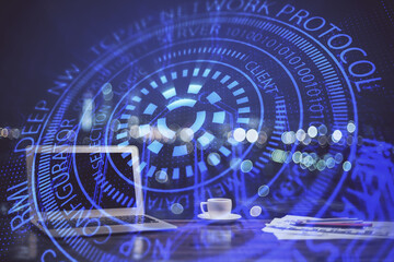 Double exposure of computer and technology theme drawing. Concept of innovation.