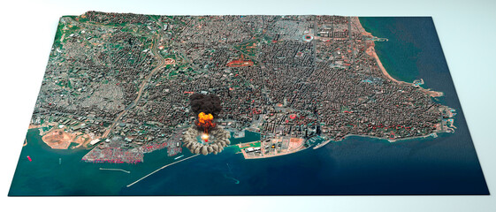 Obraz premium Widok satelitarny miasta Bejrut w Libanie. Ulice i budynki. Miejsce wybuchu na terenie portu. Elementy tego zdjęcia zostały dostarczone przez NASA. Renderowania 3D