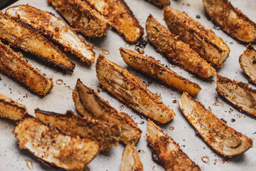 
Eggplant slices baked in bread crumbs.