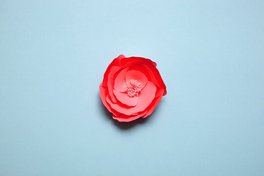 Pink handmade paper art and cutout flower on blue background.