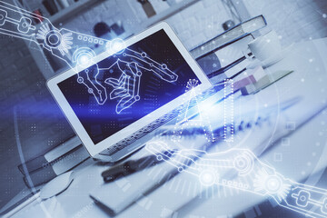 Fototapeta premium Technology theme drawing and work space with computer. Multi exposure. Concept of innovation.