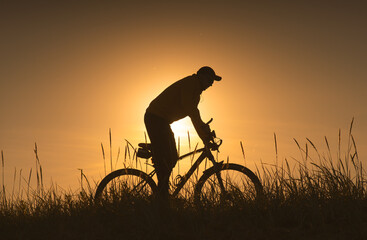 Silhouette of a cyclist. He drives through the meadow. Sun in background.