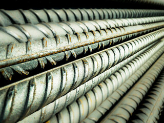 Steel Rebars for reinforced concrete. Closeup of Steel rebars. Geometric alignment of Rebars on construction site