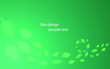 Background with ecological motif. Green leaves of different shades in a spiral form the lower frame of the picture. Green gradient background. Copy space.