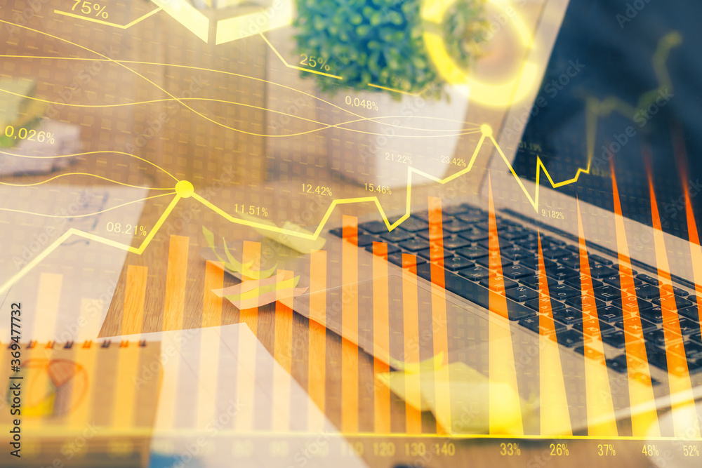 Aufkleber Double exposure of graph and financial info and work space with computer background. Concept of international online trading.