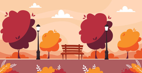 Autumn city park with trees, bushes, bench, street light. Vector illustration in flat style.